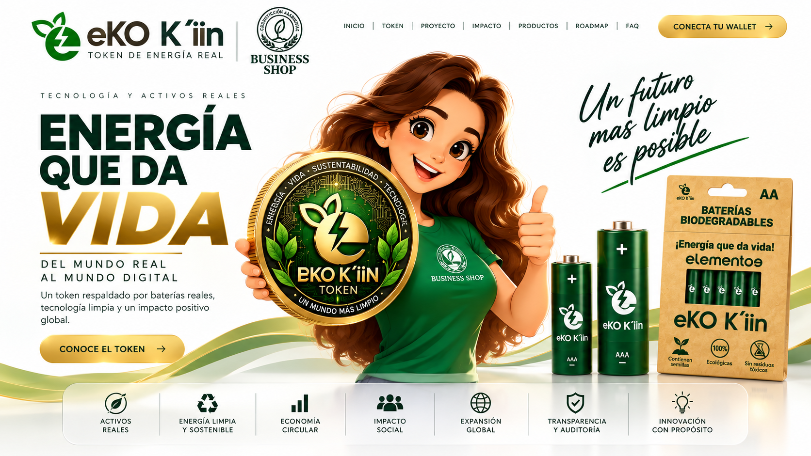 EKO K’IIN: energía que da vida. Portada ilustrada con la joven, token y baterías.
